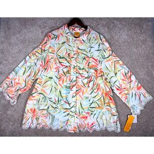 Ruby Rd Woman Tropical Leaf Eyelet Scalloped Linen Blend Shirt 2X 36840 14 NEW